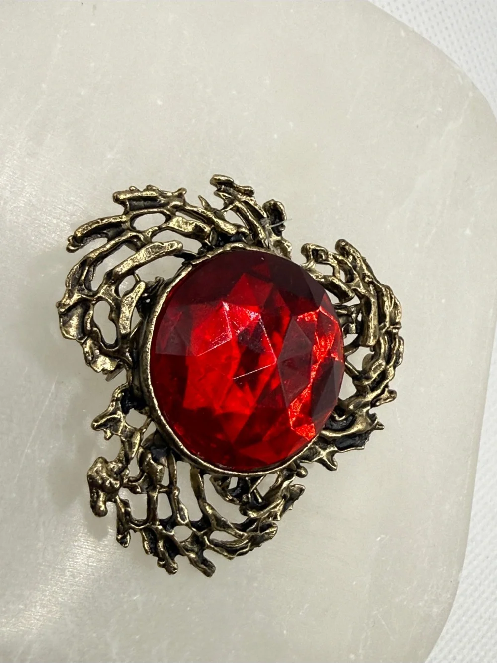 Faceted Antique-Style Red Stone Brooch in Aged Gold Tone metal brutalist dome